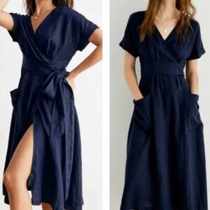 NWT Grae Cove Navy 100% Linen Wrap Dress, Half sleeve, Two pockets, XL